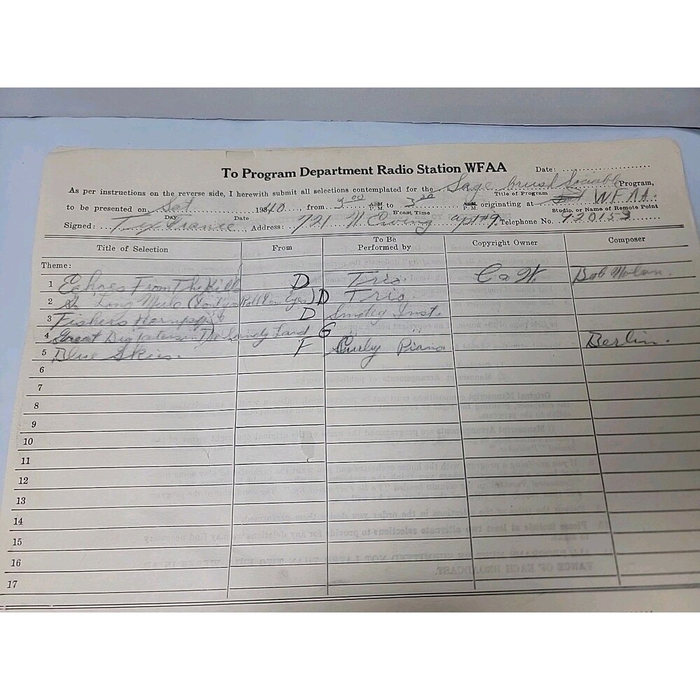 1940 WFAA Bob Nolan Western Radio Program Forms Lot Of 20